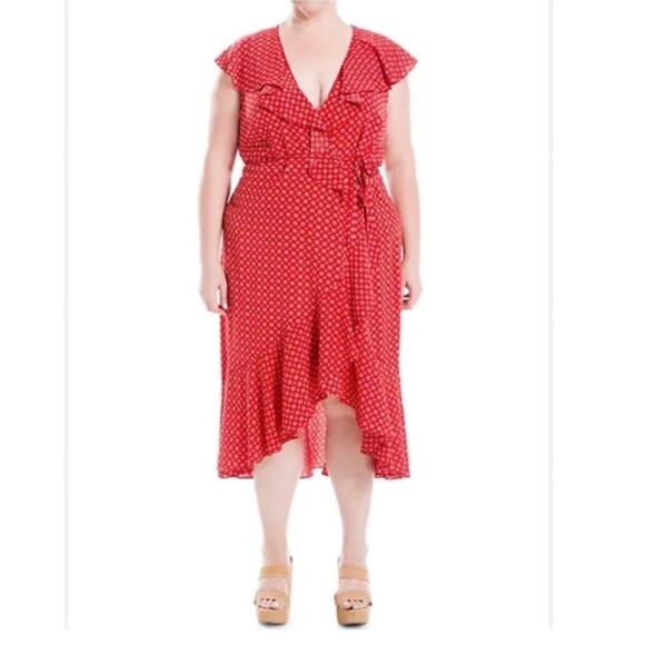 Max Studio Ruffle Wrap Dress Geo Print Red 3X Spring Summer - Picture 1 of 4